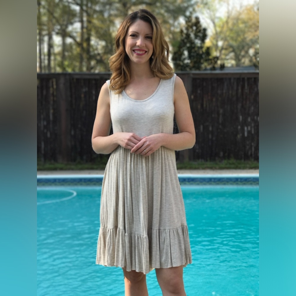 Made in the USA Cozy and soft! ❤️ Ruffled Tunic Dress, solid neutral oatmeal - Picture 4 of 4